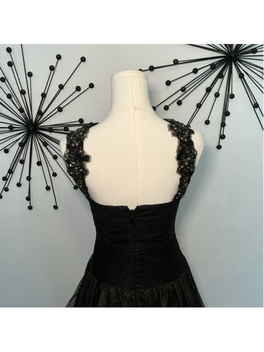 BCBG Max Azria Black Beaded Formal Gown Layered Tulle Maxi Dress Goth Glam - Picture 5 of 6